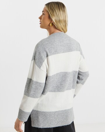 Cosy Yarn Grey & Ivory Stripe V-Neck Tunic