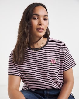 Chocolate &amp; Pink Stripe Flower Bead Pocket Detail T-Shirt