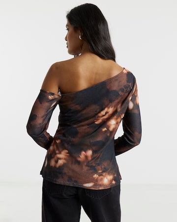 Brown Floral Print Asymmetric Shoulder Mesh Top