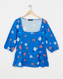 Blue Floral Square Neck Volume Three Quarter Sleeve Top