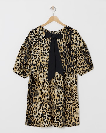 Leopard Print Bow Detail Waffle Smock Dress