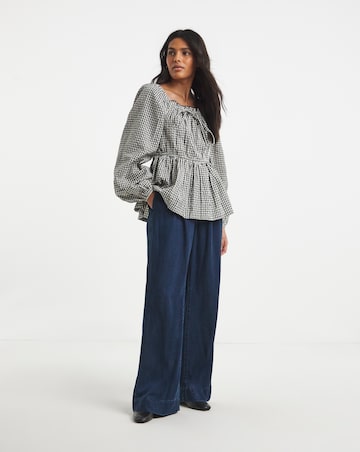 Seersucker Gingham Square Neck Blouse