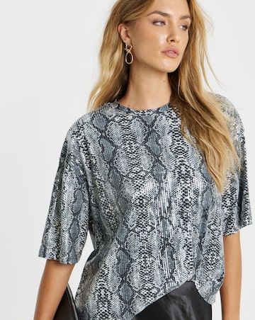 Grey Snake Print Sequin Boxy T-Shirt