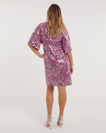 Pink Leopard Print Sequin Wrap Dress