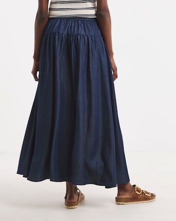Dark Blue Pull On Tiered Lyocell Denim Maxi Skirt