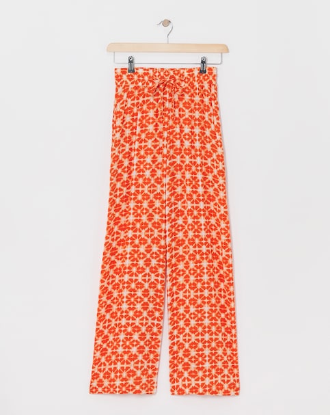 Terracotta Print Crinkle Shirred Waist Wide Leg Trousers
