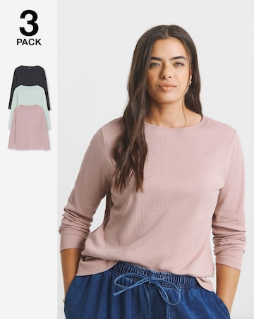 Black, Rose & Sage 3 Pack Long Sleeve Pure Cotton Ribbed Tops