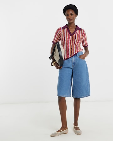 Crochet Stripe Knitted Short Sleeve Polo