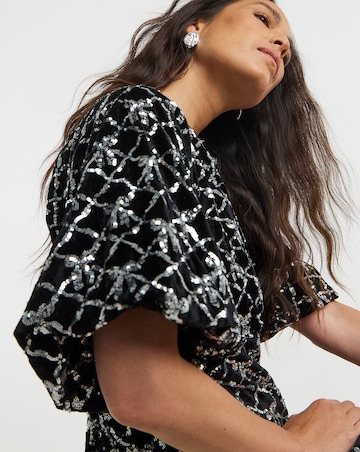 Sequin Bow Velvet Bubble Sleeve Dress