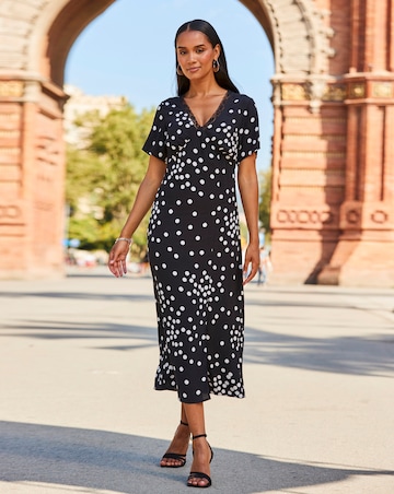 Sosandar Black & White Spot Print Lace Trim Midi Dress