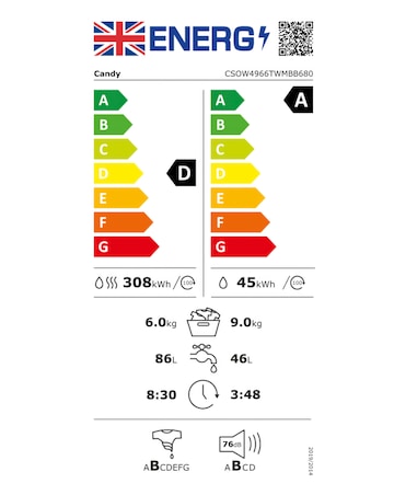 Candy CSOW4966TWMBB680 Smart Pro Inverter, 9/6kg, WiFi Washer Dryer - Black