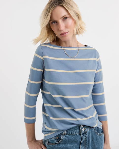 Blue And Yellow Slash Neck Long Sleeve Top