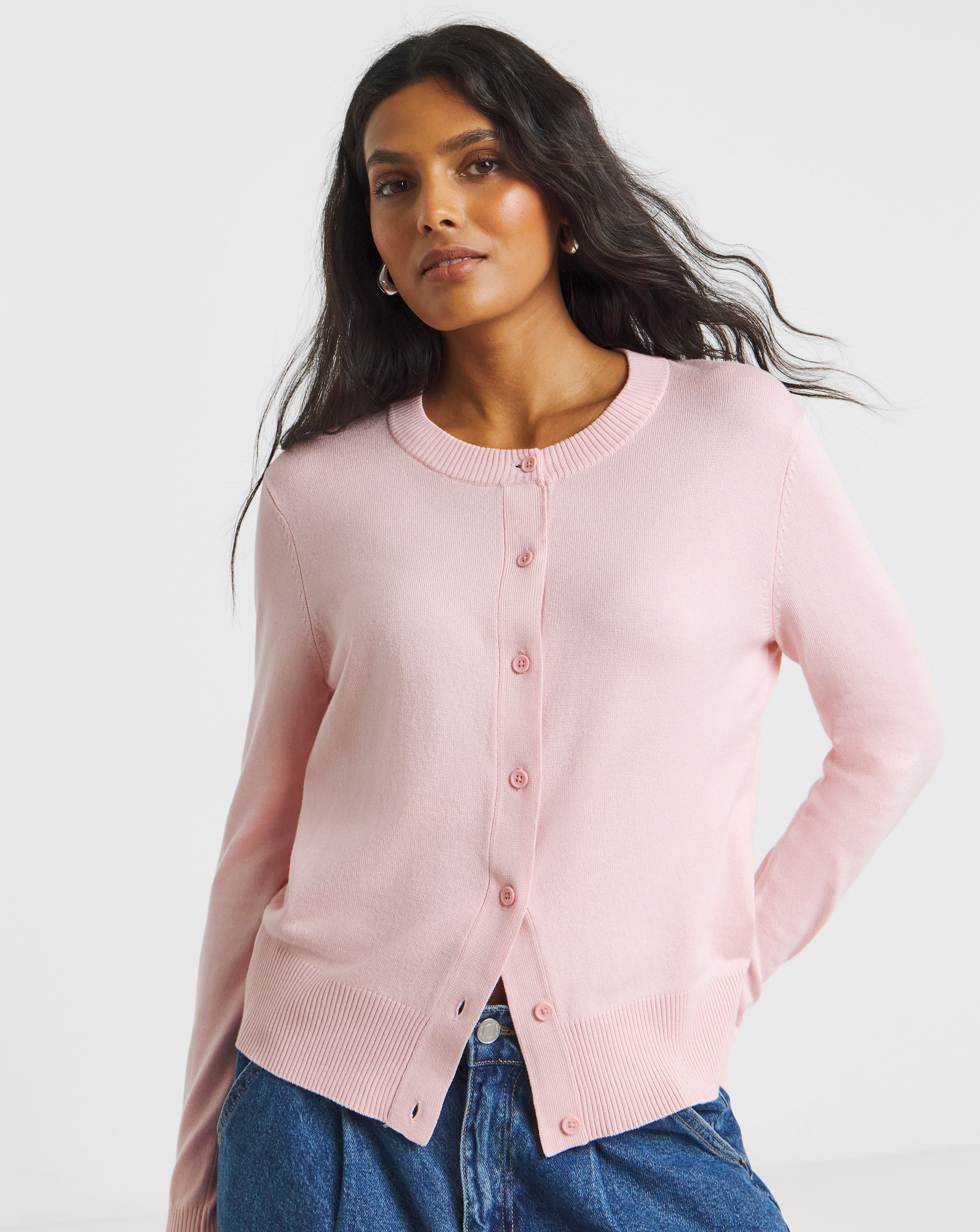 Fine Knit Pink Crew Neck Cardigan