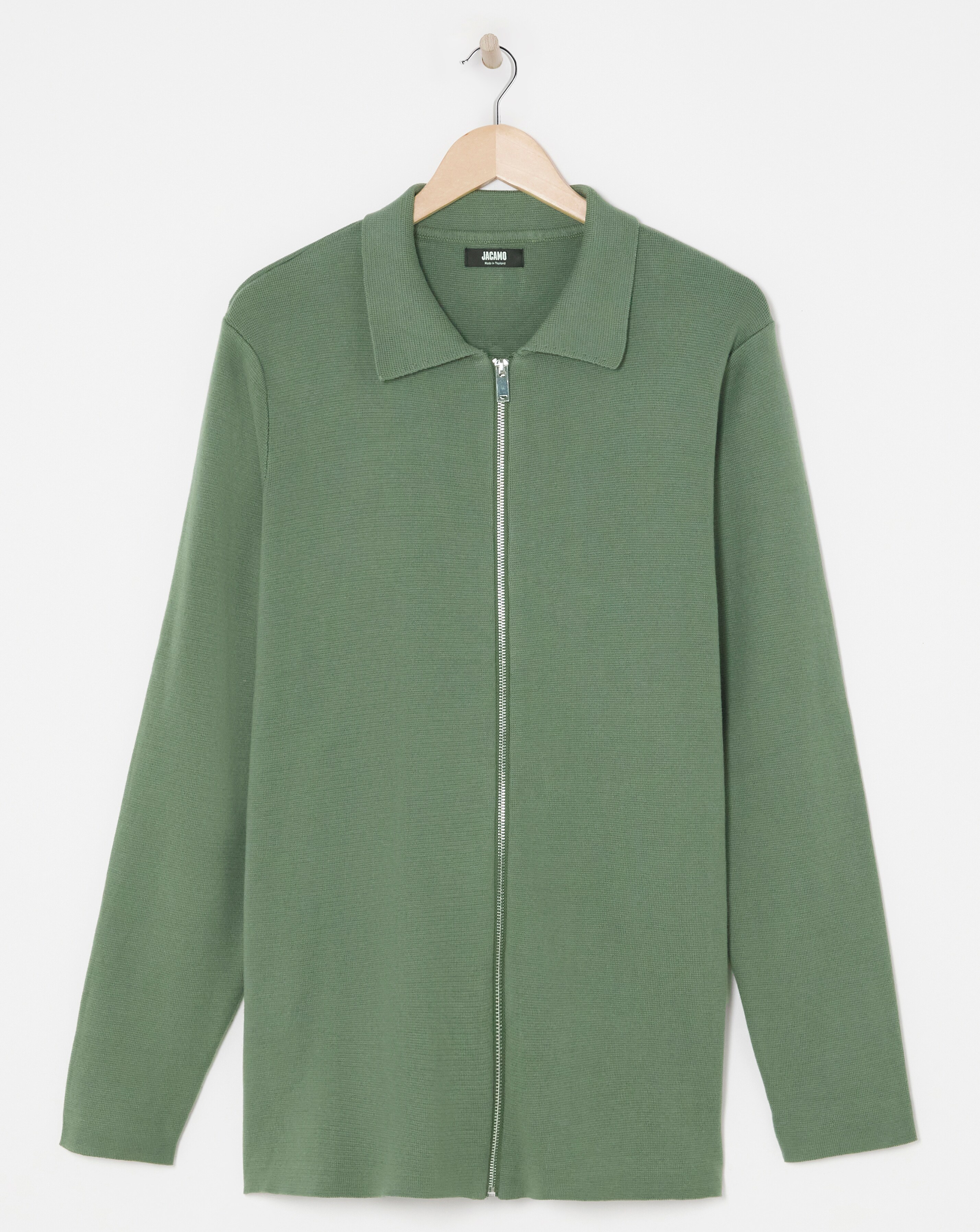 Green Cotton Knitted Zip Through Shirt