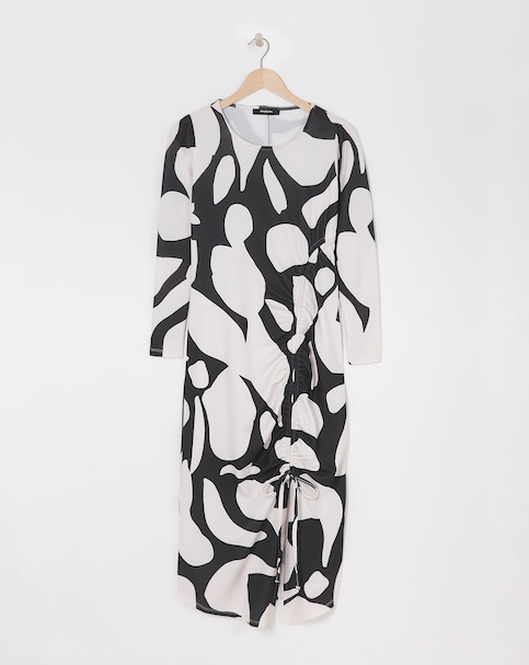 Mono Print Scuba Crepe Ruched Midi Dress