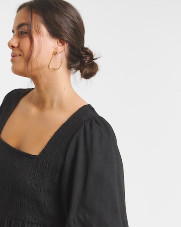 Black Linen Blend Shirred Skater Dress