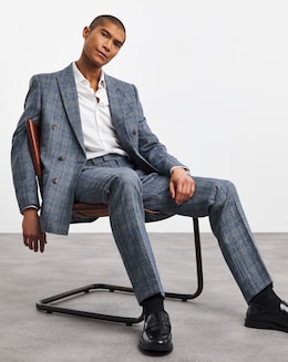 Blue Check Regular Fit Double Breasted Suit Jacket