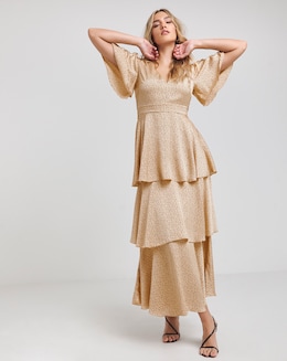 Flounce London Camel Black Spot Satin Tiered Maxi Dress