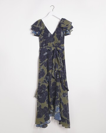 Joanna Hope Khaki Floral Chiffon Tiered Midi Dress