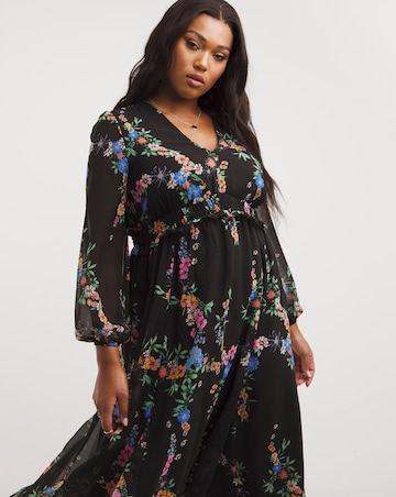 Floral Print Long Sleeve Frill Tiered Midi Dress