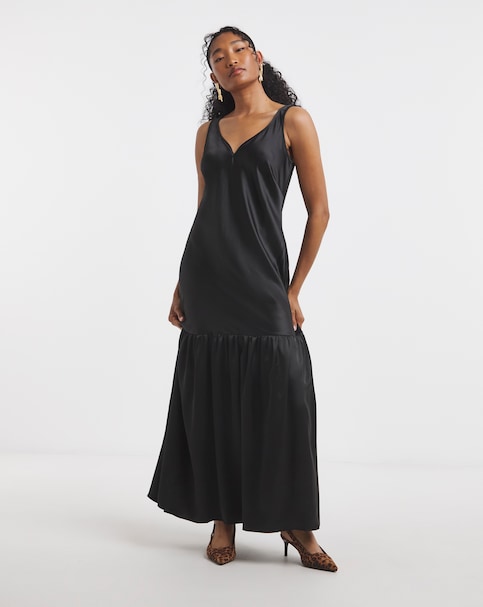 Flounce London Black Glossy Satin Maxi Dress