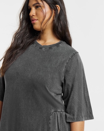 Grey Acid Wash Midi Dress With Waist Detail