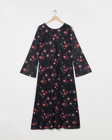 Star Printed Long Sleeve Scoop Back Mesh Maxi Dress