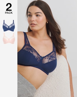 Pretty Secrets (2 Pack) Cotton Lace Non Wired Full Cup Bras (B-G) Navy/Blush