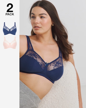 Pretty Secrets (2 Pack) Cotton Lace Non Wired Full Cup Bras (B-G) Navy/Blush