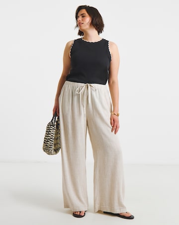 Stone Tie Waist Linen Mix Wide Leg Trousers