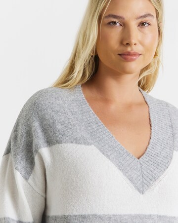 Cosy Yarn Grey & Ivory Stripe V-Neck Tunic