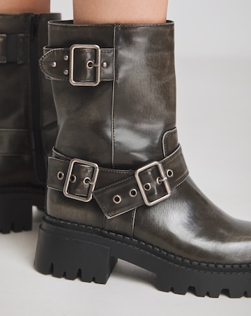 Stevie Multi Buckle Chunky Ankle Biker Boots - Wide Fit (E)