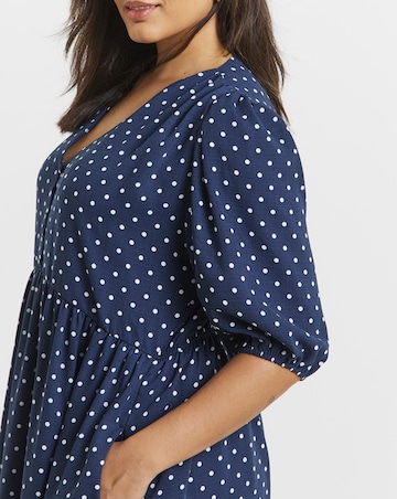 Navy Spot Print Button Through Midi Dress