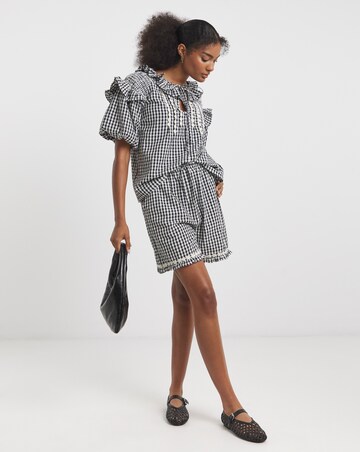 Neon Rose Gingham Seersucker Blouse with Pintuck Daisy Trims