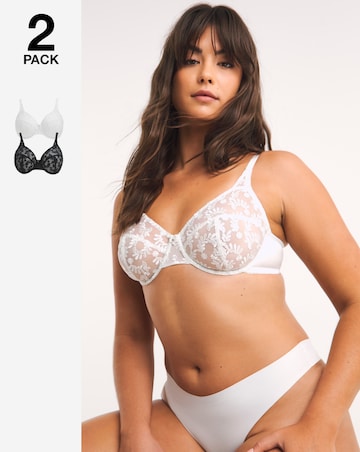 Pretty Serets Lesley 2 Pack Everyday Full Cup Embroidered Bras B-F - Black/White