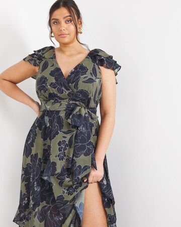 Joanna Hope Khaki Floral Chiffon Tiered Midi Dress