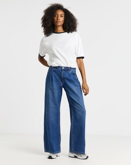 Simply Be Mid Blue Pleat Detail Wide Leg Jeans