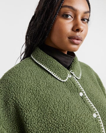 Khaki & Cream Whipstitch Borg Button Through