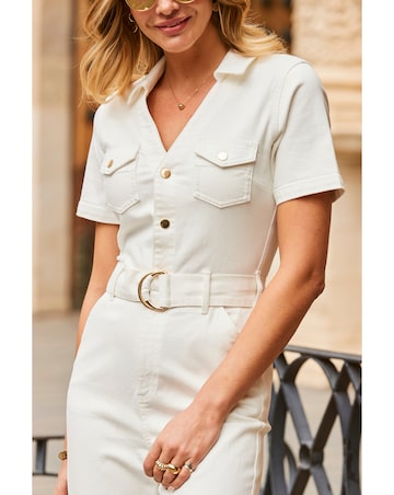 Sosandar Ivory D Ring Belt Culotte Denim Jumpsuit