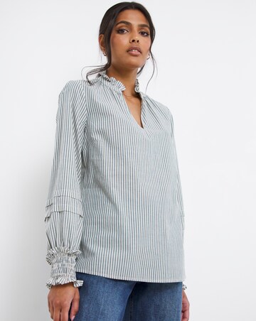 Blue Stripe Pleat Three Quarter Sleeve Blouse