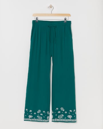 Green Embroidered Crinkle Wide Leg Trousers