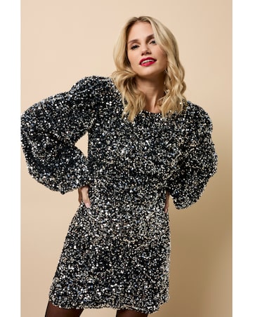 Little Mistress Black Velvet and Silver Sequin Mini Dress