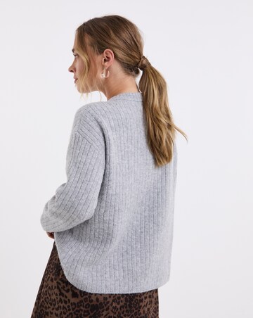Cosy Yarn Grey Marl Crew Neck Ribbed Cardigan