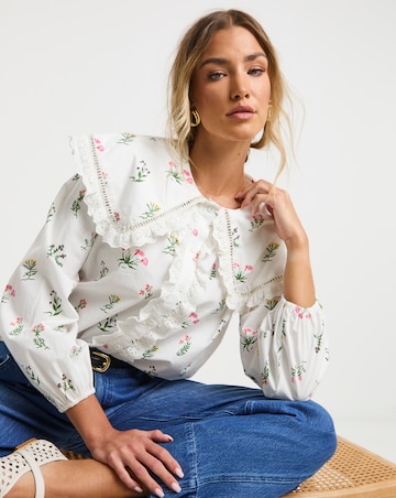 Neon Rose Floral Cotton Poplin Blouse with Broderie Frills