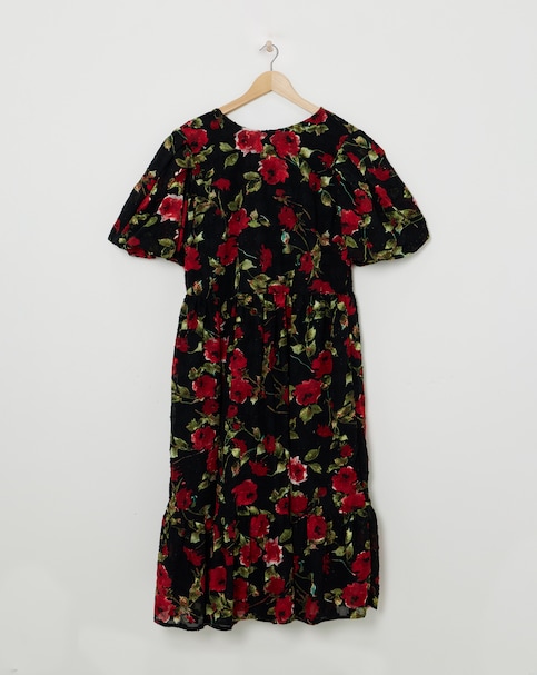Lovedrobe Textured Floral Pleated Sleeve Midi Dress