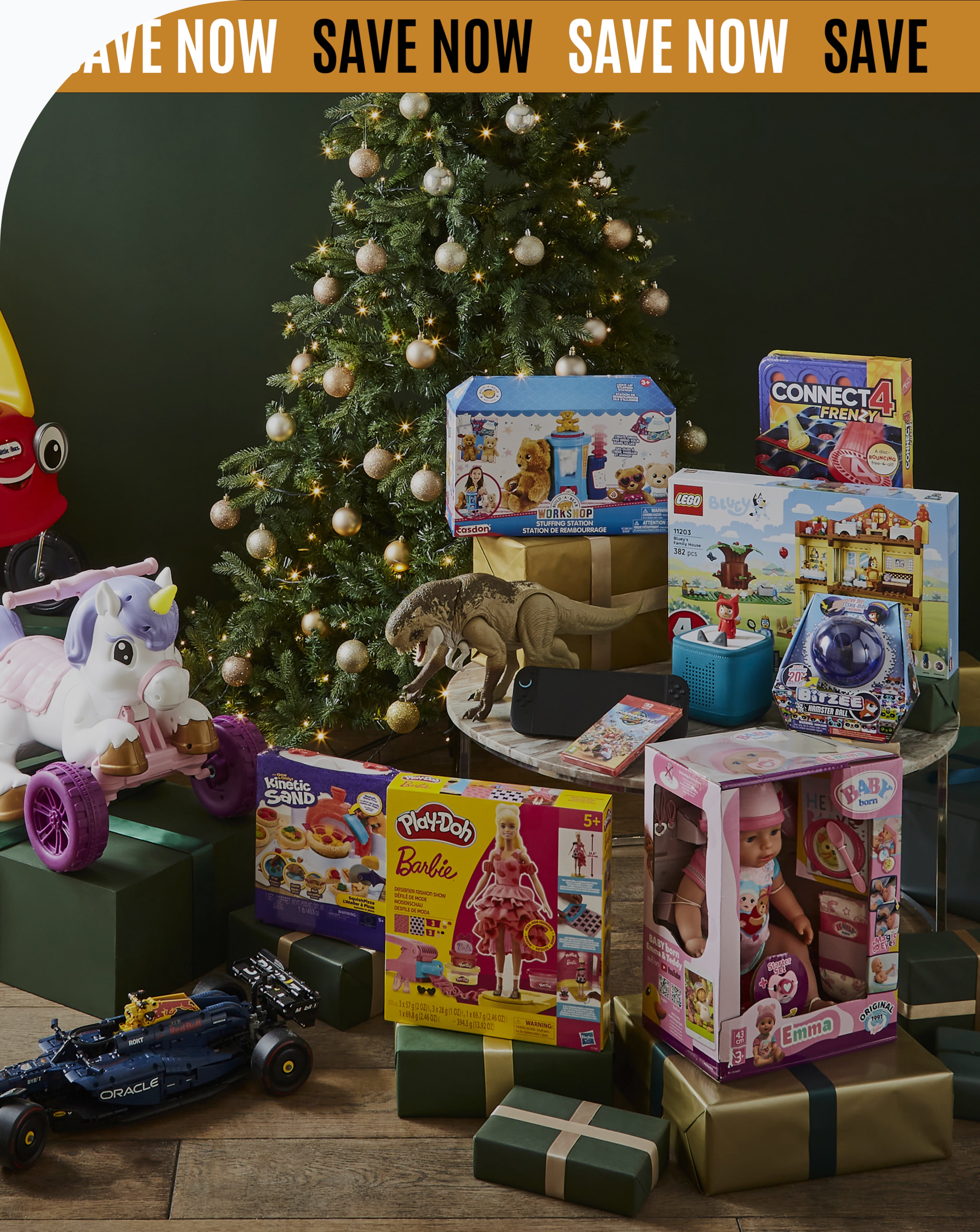Toys in front of a christmas tree