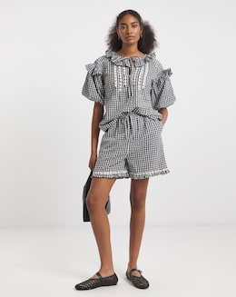 Neon Rose Gingham Seersucker Shorts with Pintuck Daisy Trims