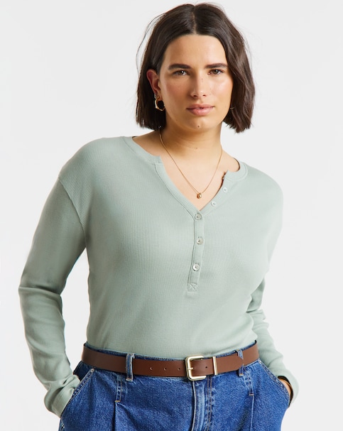 Simply Be Sage V Neck Long Sleeve Ribbed Henley Top