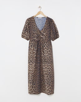 Leopard Print Bow Front Midaxi Dress With Pockets