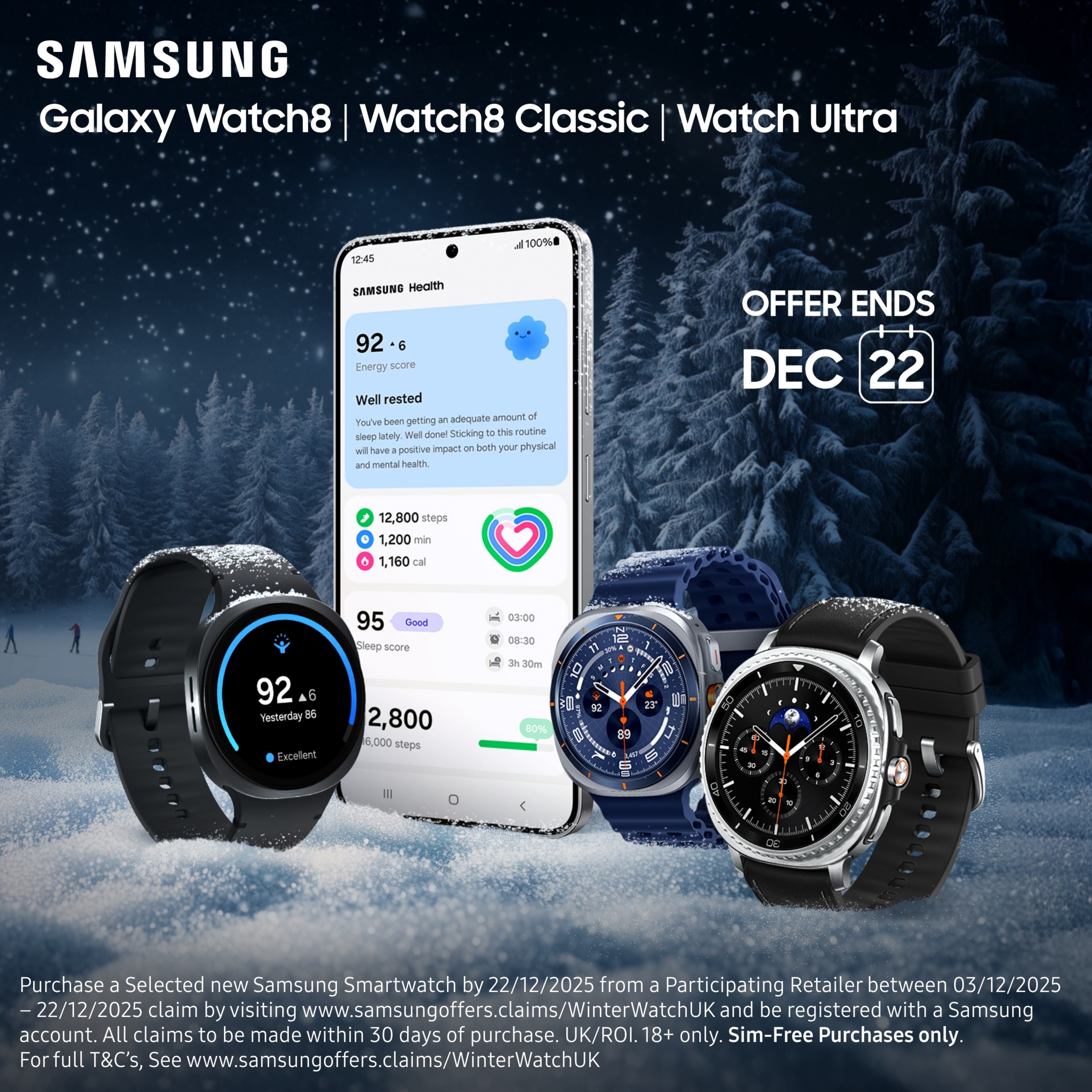 Samsung Galaxy Watch 8 Family: Winter Forest Promo With Health, Fitness Tracking and Smartwatch Features